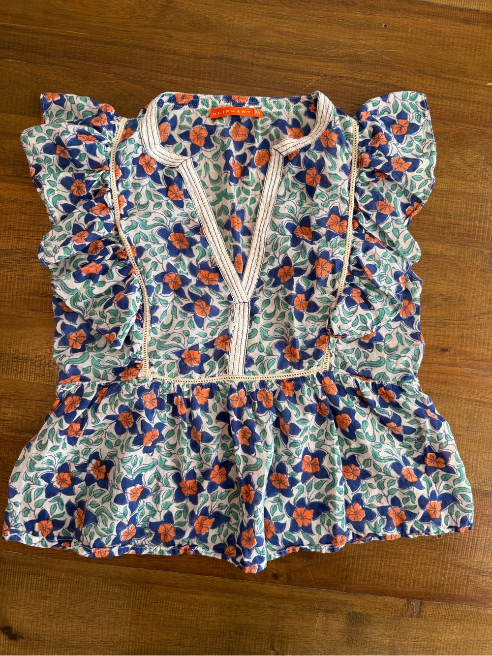 Oliphant Floral Ruffle Peplum Top - Blue, Orange & Green